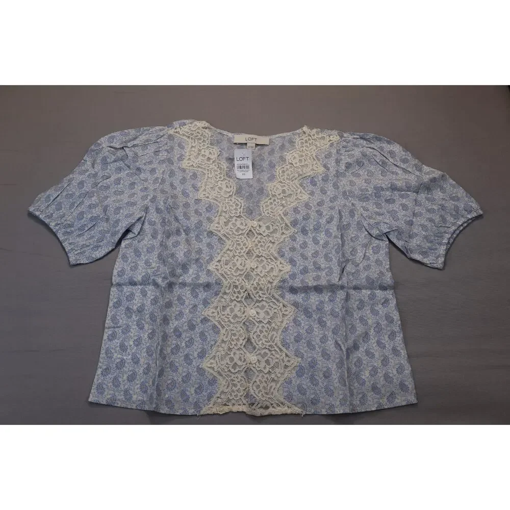 NEW LOFT Blue Paisley Eyelash Floral Lace Puff Sleeve Button Up Blouse Top XS